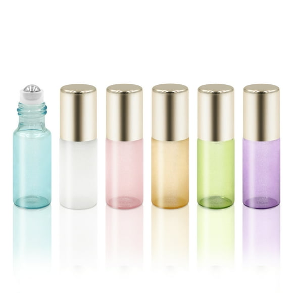 Pinkiou Glass Roll On Bottles Refillables, 6Pcs 5ml Glass Roll On Bottle with Bamboo Lid for Essential Oils, Eco-Friendly Refillable Clear Perfume Sample Bottles with Stainless Steel Roller Ball