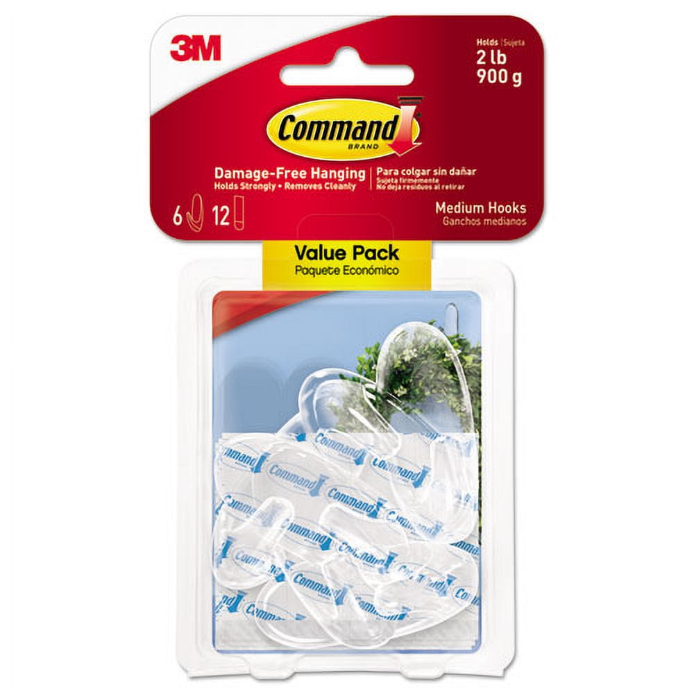 Clear Hooks And Strips, Plastic, Medium, 6 Hooks And 12 Strips/pack | Bundle of 5 Packs