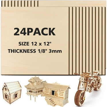 Srapwati 24-Pack 12x12x1/8" Square Basswood Sheets for Crafts, DIY Unfinished Craft Boards, 3mm Basswood for Laser Cutting