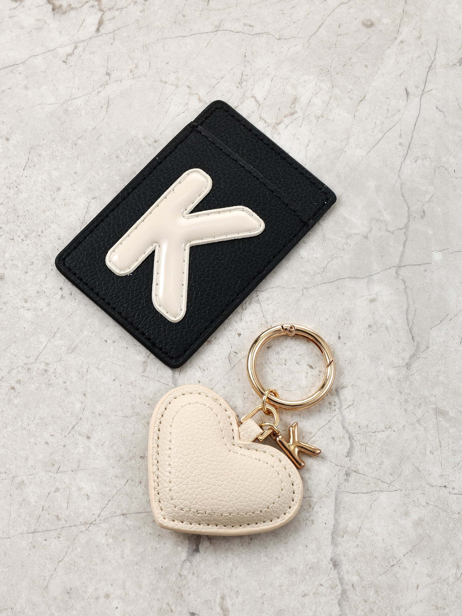 Time and Tru Goldtone and Faux Leather Heart-Shaped Keyring and Adhesive Phone Wallet, Initial Letter K, 2 Pieces, Black and Ivory
