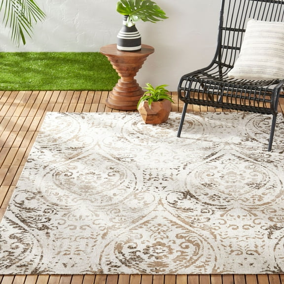 Nicole Miller New York Patio Sofia Juniper Transitional Paisley Indoor/Outdoor Area Rug, Ivory/Mustard, 7'9"x10'2"