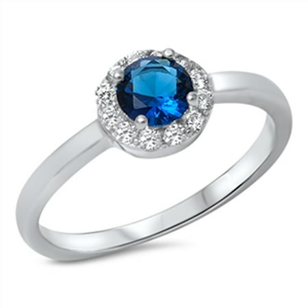 Women's Blue Simulated Sapphire Halo Wedding Ring ( Sizes 5 6 7 8 9 10 ) .925 Sterling Silver Band Rings by Sac Silver (Size 9)