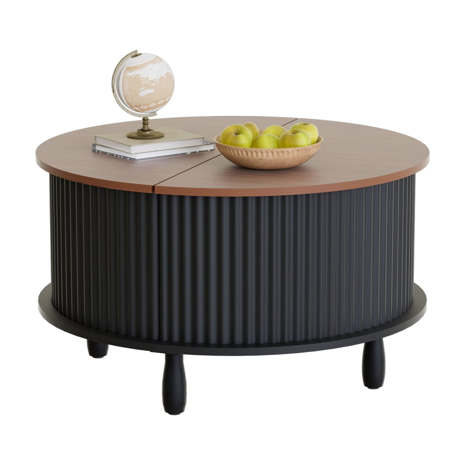 Strafriture Round Coffee Table with Storage, 30.7" Modern Coffee Table with 360° Curved Sliding Door, Fluted Wood Coffee Table with Footpads, Round Center Table for Living Room, Black