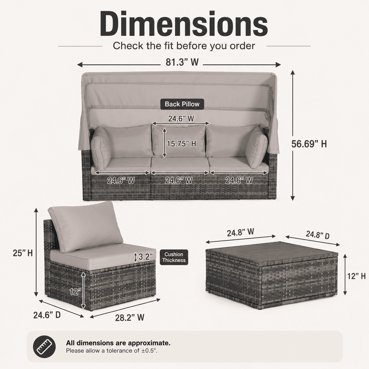 Outdoor Wicker Patio Furniture Set, 5-Piece Sectional Sofa with Canopy Daybed, All-Weather Rattan Conversation Set with Cushions & Table for Backyard Garden Poolside