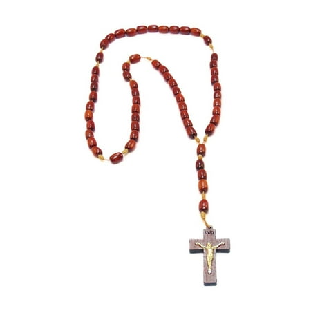 Mens Wooden Rosary Beads Necklace, Cherry Wood, Made in Brazil, 19 Inch