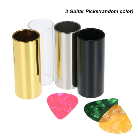 4pcs 60MM High Stainless Steel/Glass Guitar Slides Bars + 3 Guitar Picks(Random Color) Finger Slides for Guitar Bass Banjo Ukulele String Instrument Accessories