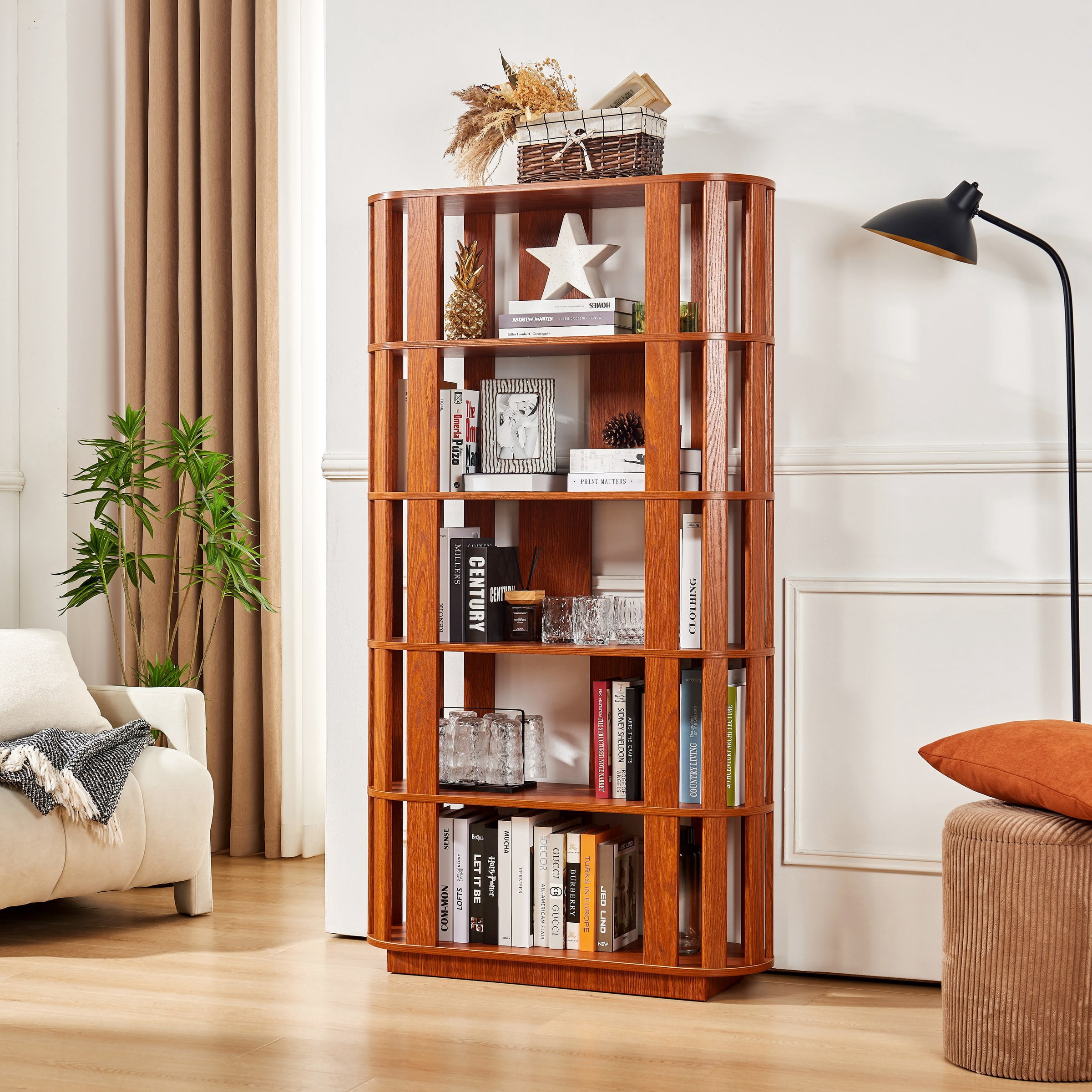Wooden Oval Open Bookshelf, MDF Grid Frame Freestanding Bookcase, 5-Tier Easy Assembly Storage Display Rack for Living Room Home Office Decor, DIY Free Combination Storage Cabinet Study Room