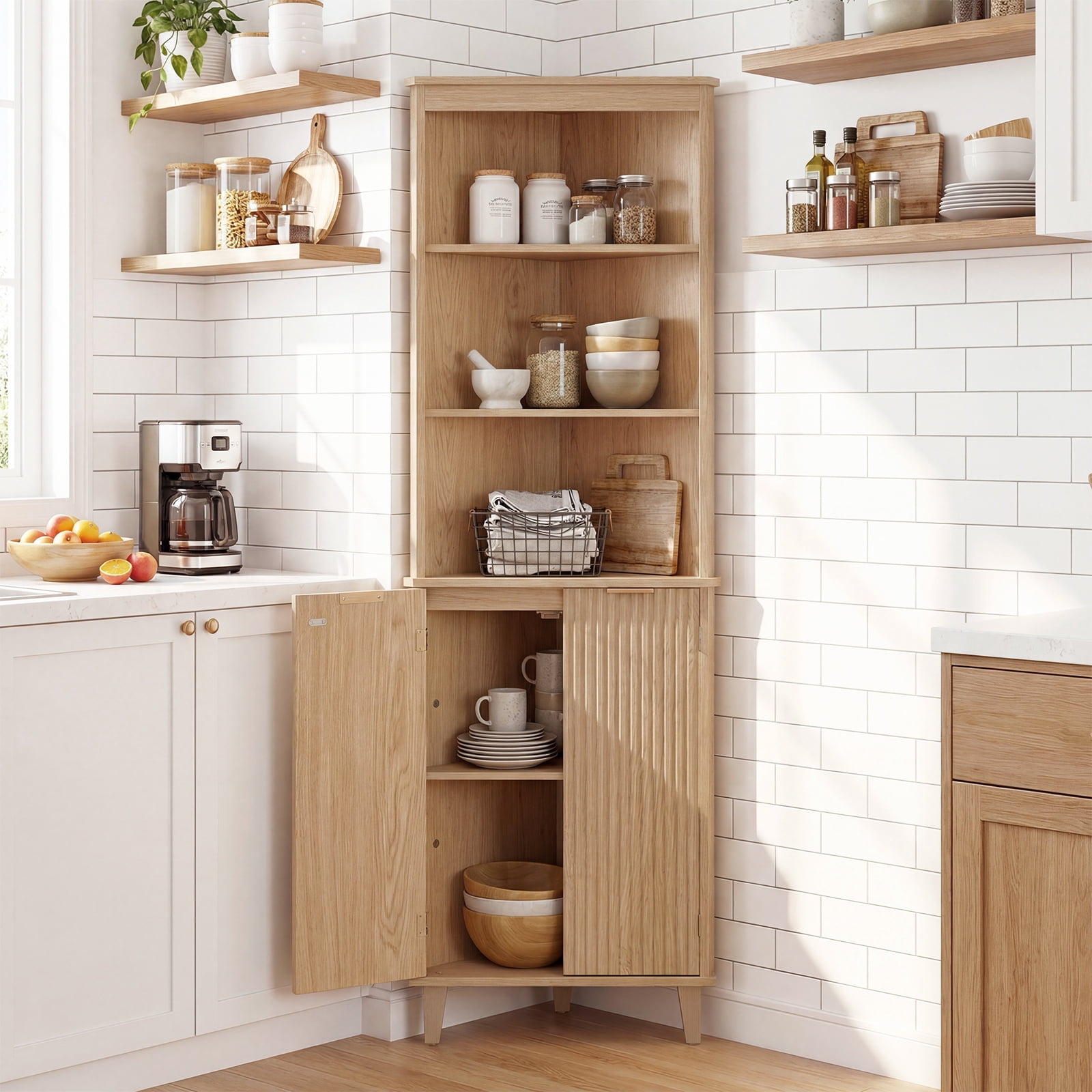 Costway 68" Tall Corner Bathroom Cabinet with Fluted Doors, 6-Tier Space Saver Bathroom Storage Cabinet Oak