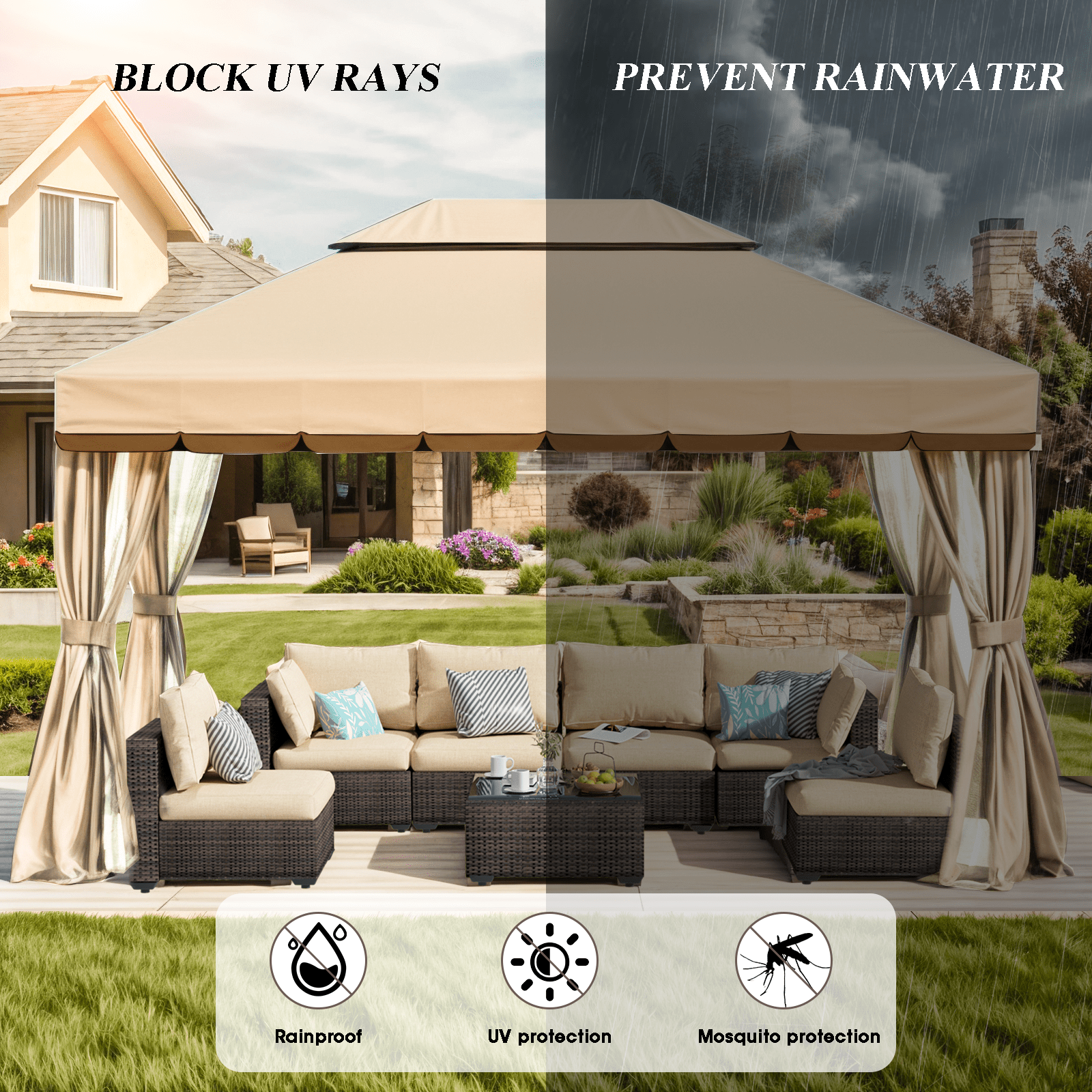 Grezone 10×13 FT Deluxe No Screws Gazebo,Double Roof Outdoor Shelter Tent with Mosquito Nettings and Privacy Screens