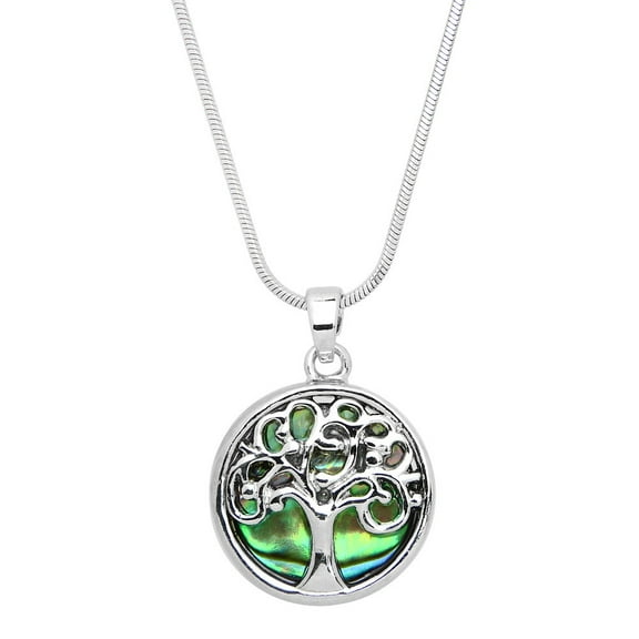 Tree of Life Pendant Necklace Earring Abalone Shell Rhodium Plated 17 Inch Snake Chain J0807