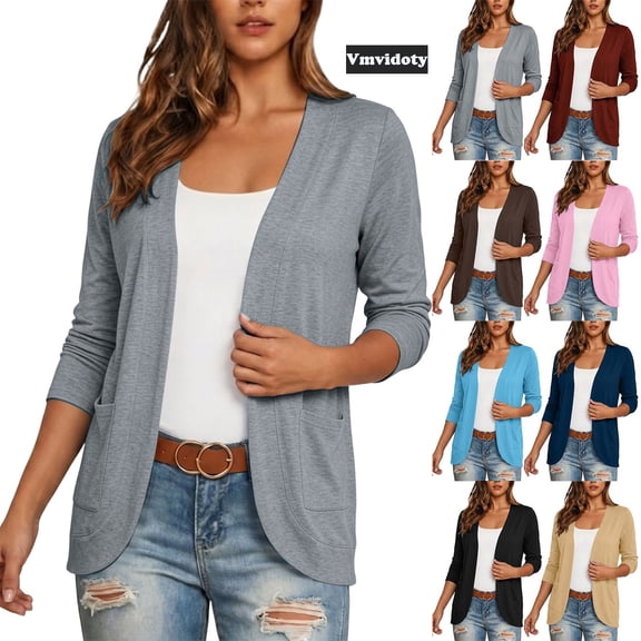 Vmvidoty Women's and Women's Plus Size Casual 3/4 Length Sleeve Open Front Cardigan Gray M