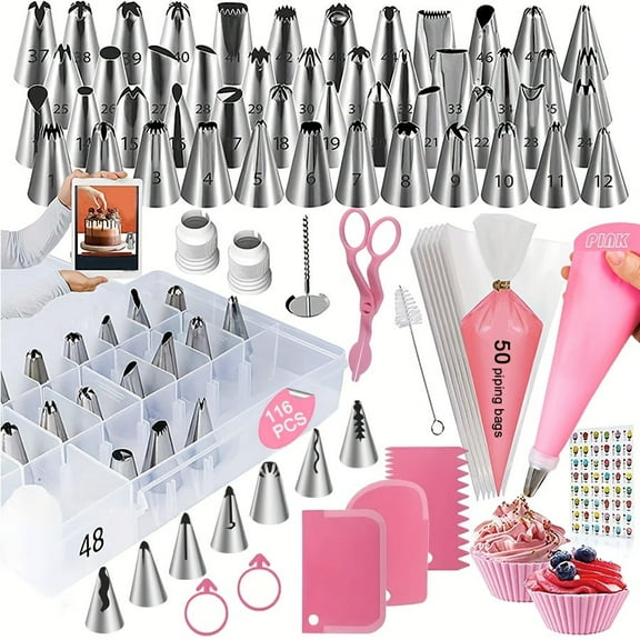 116PCS Cake Decorating and Baking Tool Set Icing Piping Tips Cake Scrapers - Pink