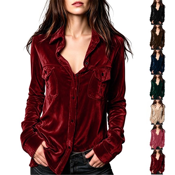 TGSLY Women's Velvet Button Down Shirts Lightweight Soft Collared Long Sleeve Tops Dressy Casual Solid Color Fall Blouses with Pockets XL