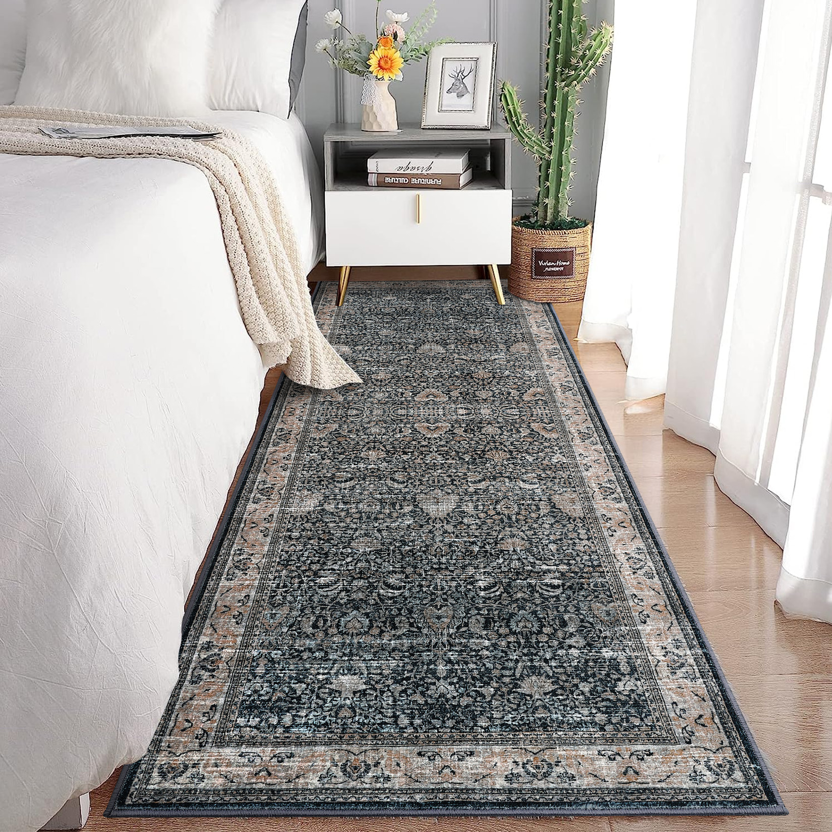 Washable Runner Rugs, Black 2'X6' Antique Distressed Long Rug, Modern Non Slip Stain Resistant Vintage Print Accent Carpet Floor Mat for Living Room Bedroom Dining Office Farmhouse Hallway Entryway