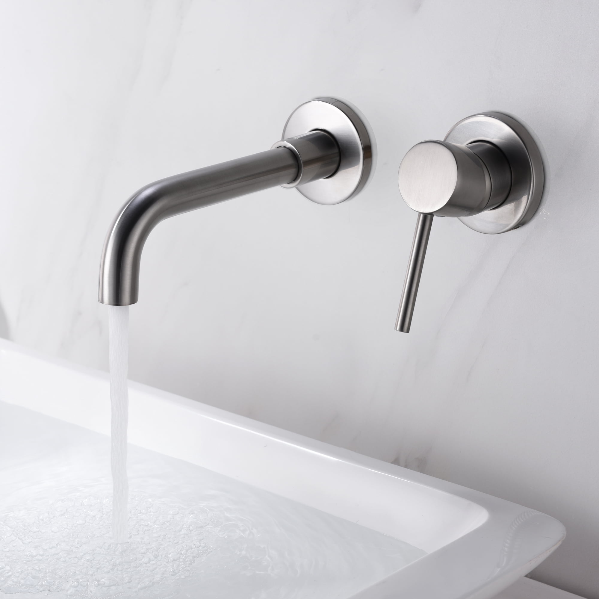 Sumerain Wall Mount Bathroom Sink Faucet Brushed Nickel,Single Handle Wall Mount Lavatory Faucet with Brass Rough-in Valve