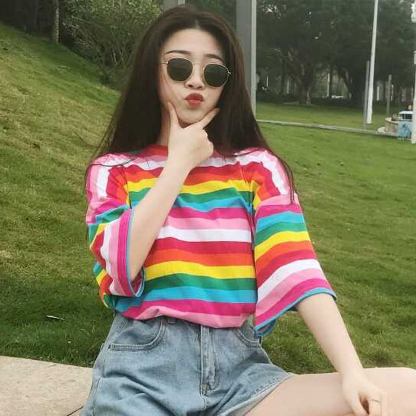 Rainbow T Shirt Women Striped Kawaii Clothes Harajuku Korean Style