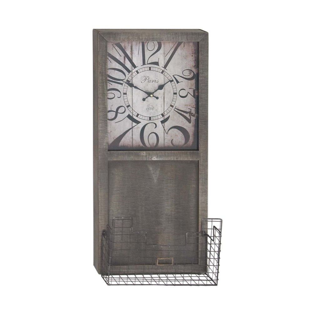 Decmode Rustic Rectangular Wooden Wall Clock With Iron Storage Basket, Light Brown