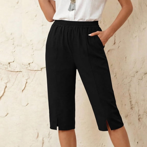 ClodeEU Women's Elastic Waist Capri Pants, Casual Loose Fit Cropped Trousers with Pockets for Summer Black,Women's Plus L
