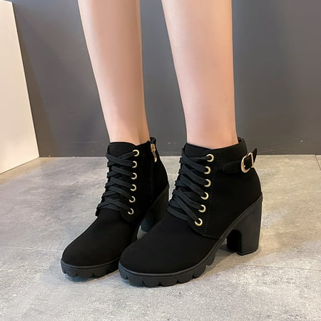 

Women‘s Block Heel Ankle Metal Buckle Short Boots Solid Color Non Slip Lace Up & Zipper Shoes Women‘s Footwear