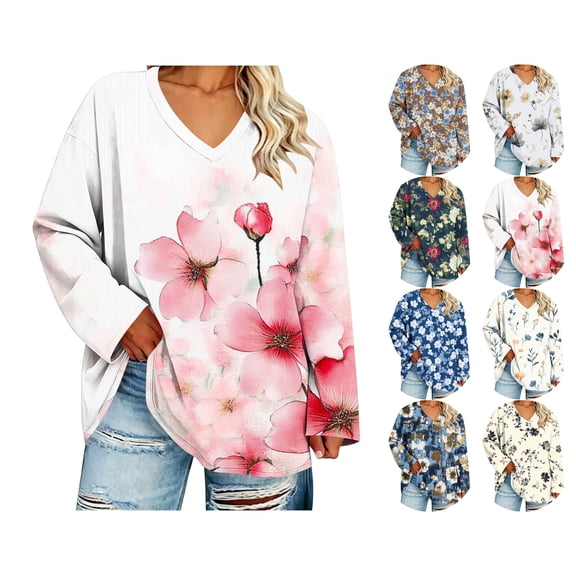 Nugftut Plus Size Tops for Women Long Sleeve Floral Graphic V Neck Blouses Casual Loose Fit Shirts