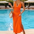 thumbnail image 2 of Solid Color Casual Dress for Women Lighweight Side Slit Dresses Crochet Knit V Neck Cami Dress Maxi Beach Cover Up Dress Summer Vacation Oufits Orange Free Size, 2 of 5