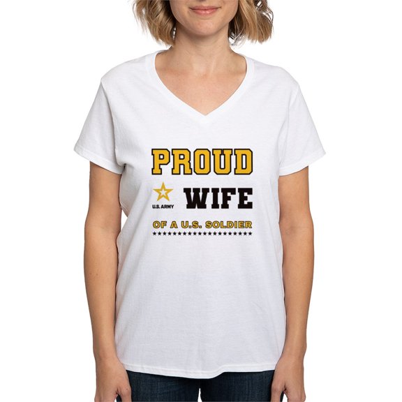 CafePress - Proud Wife Of A Soldier Black And Gold T Shirt - Womens Cotton V-Neck T-shirt