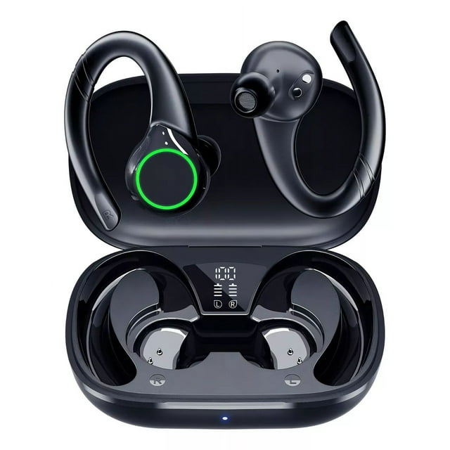 auricular in-ear gamer inalámbrico mankiw u5 negro con luz verde led — auricular in-ear negro con gancho trasero para oreja, formato monoaural orientado a gaming, anillo LED verde visible en el auricular derecho y estuche de carga negro con pantalla digital de nivel de carga; también suele usarse para llamadas manos libres en móviles.