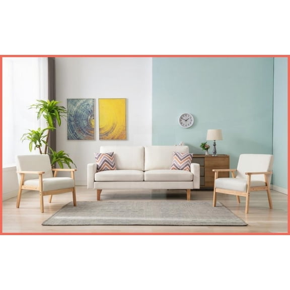 Bahamas 70" Beige Linen Sofa & 2-Chair Set with Throw Pillows – Casual Living Room Style