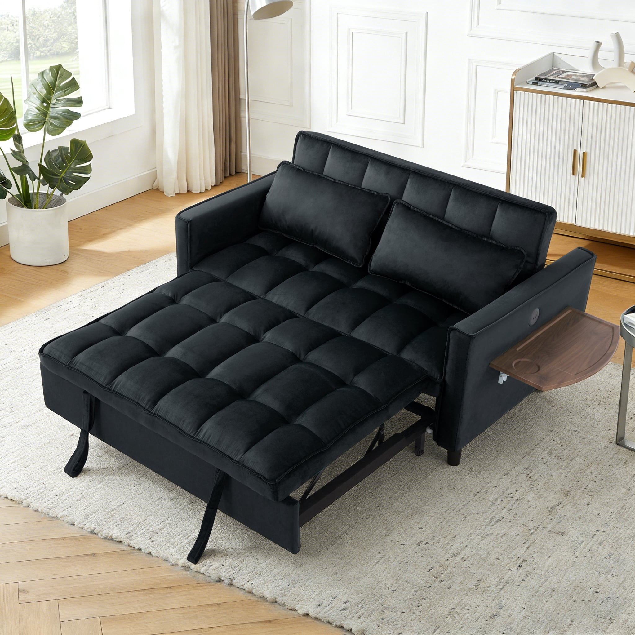 Gewnee 55.31''Pull Out Sleeper Sofa Bed,Twin Size Convertible Chair Bed with USB Ports & Side Table,3-Position Reclining Back,Velvet Upholstered Small Sofa for Living Room and Guest Room.Black