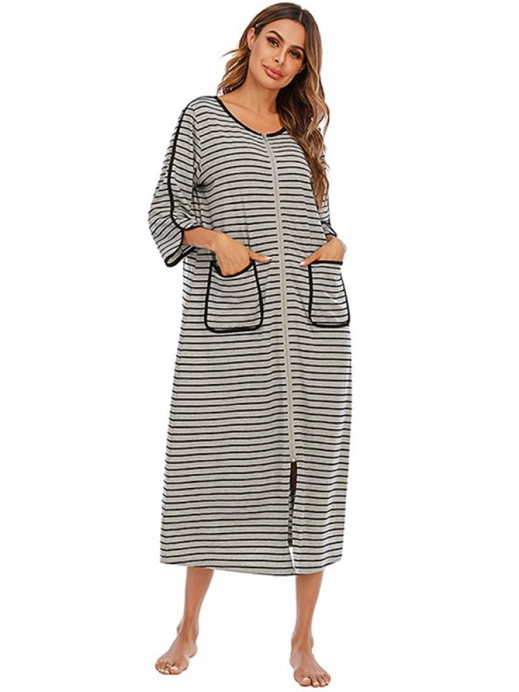 TOPWONER Women Robes Zipper Front 3/4 Sleeve Striped Full Length