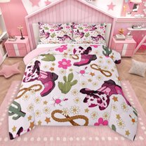 Manfei Cowboy Cowgirl Boots Hat Bedding Comforter Set, Kawaii Pink Cherry Blossoms Twin Comforter Sets, Teens Girls Kids Reversible Bedding Set, Microfiber Bedroom Decor, 2 Pieces