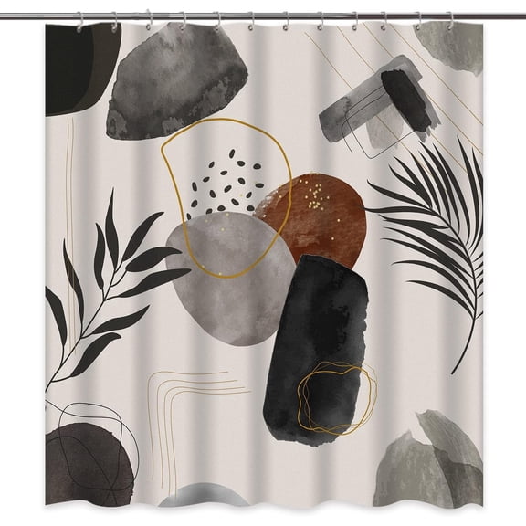 Black Boho Shower Curtain Abstract Grey Gold Colorful Chic Modern Mid Century Geometric Leaves Plant Neutral Minimalist Bathroom Curtain Decor Set with 12 Hooks Waterproof Fabric, 72" x 72"