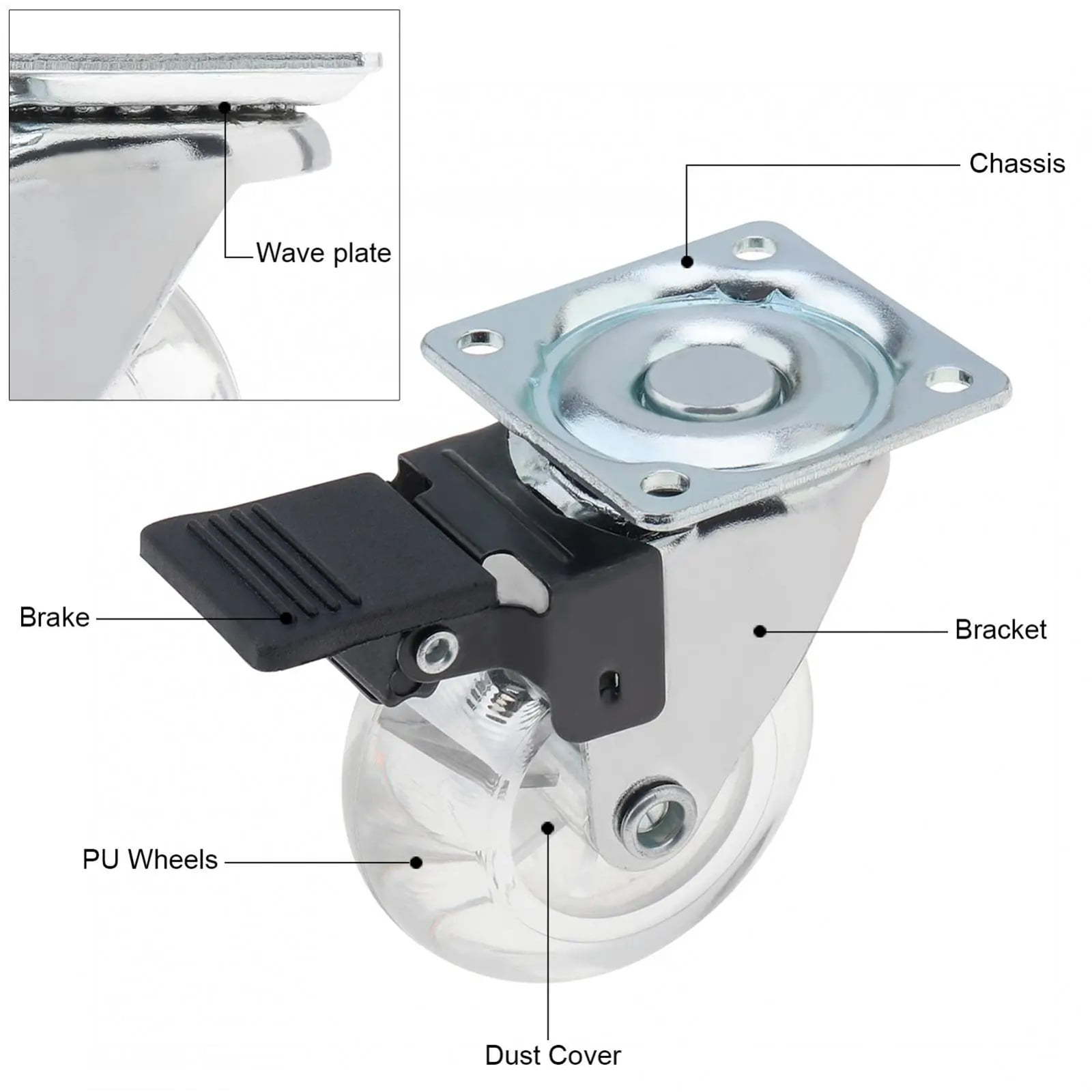 4Pcs 2/3 Inch Caster Pu Transparent Universal Crystal Wheel No Noise Small Cart Industrial Wheel Office Chair Casters Tool ,Reliable