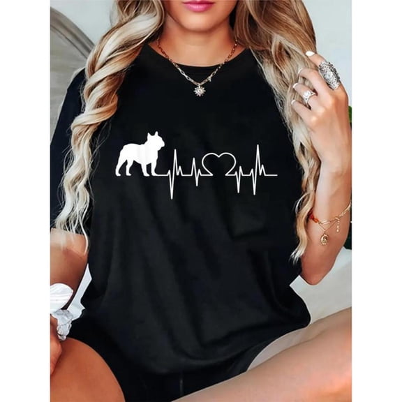 Women's "Bulldog Heartbeat" Pet-Themed Graphic Cotton T-Shirt Casual Comfortable Short Sleeve Round Neck Top Black S-5XL