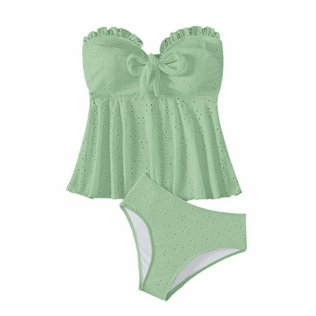 Arnsht Women s Two Piece Tankini Swimsuits Ruffle Trim Hollow Strapless Tube Top with Bikini Strapless Bulit-in-Bra Bathing Suit Green M