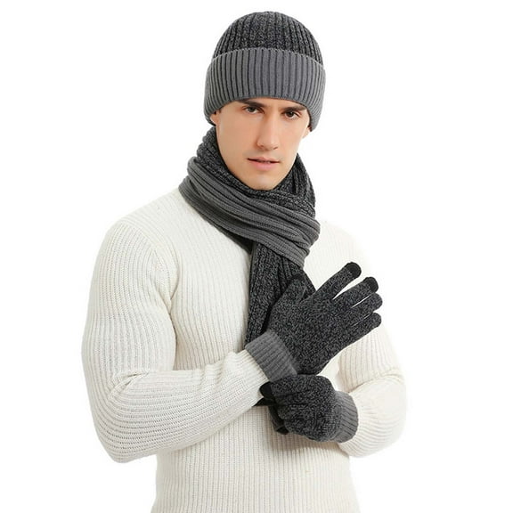 3 Pieces Winter Hats for Men Women Scarf Touch Screen Gloves Set Men's And Women's Same Style Winter Woolen Hat Set Color Blocked Knitted Hat Scarf Glove Dark Gray