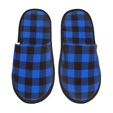 

Fuzoiu Buffalo Plaid Blue Black Print Unisex Furry Slippers Plush Indoor Shoes Trendy House Slippers Anti-Skid EVA Sole House Shoes for Home Office and Travel -Medium