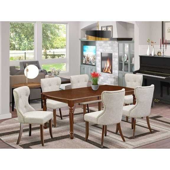 East West Furniture East-West Furniture DOSI7-MAH-35 - A wooden dining table set of 6 fantastic parson dining chairs using Linen Fabric Doeskin color and a lovely wooden dining table in Mahogany...