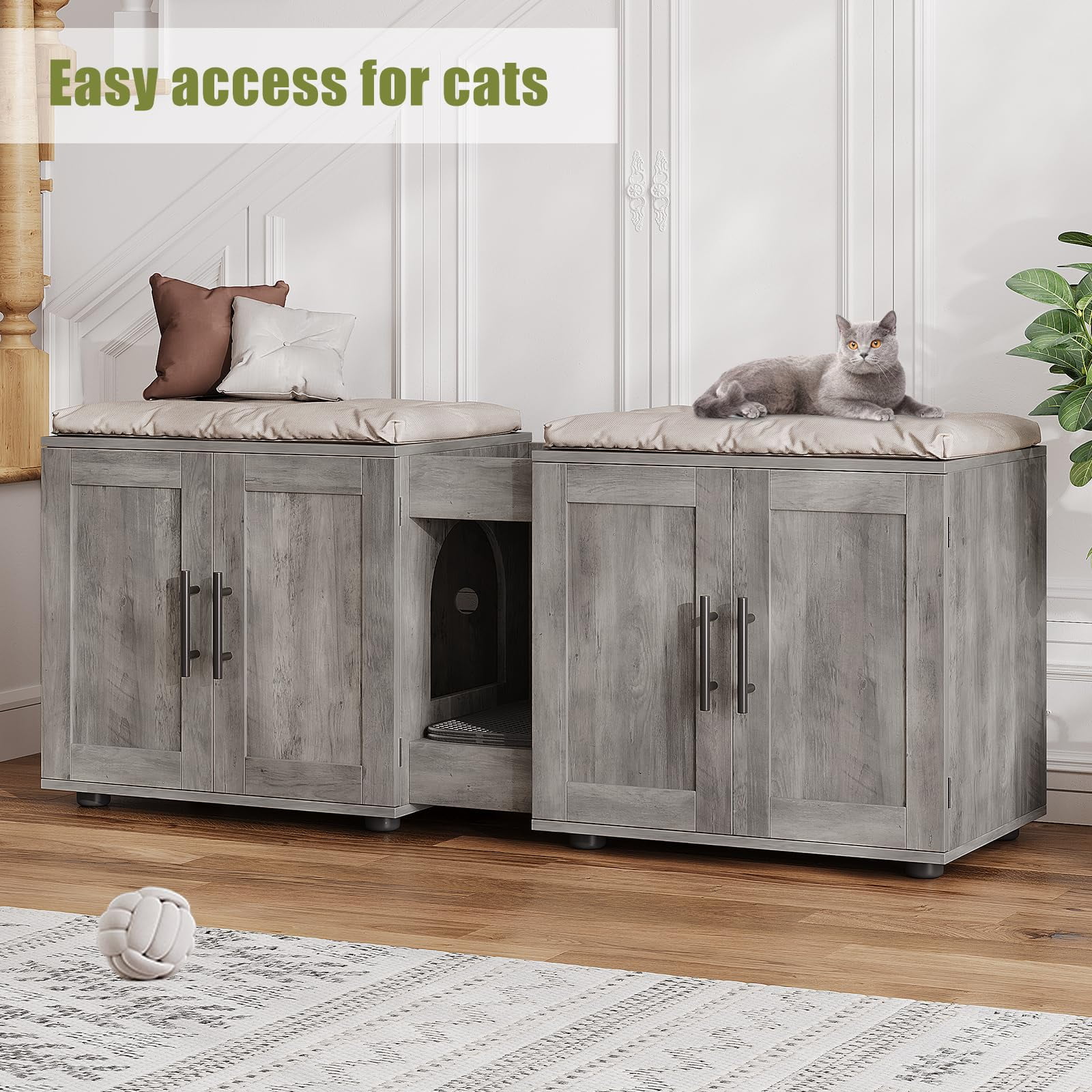 Cat Litter Box Enclosure for 2 Cats, 55" Hiddden Litter Box Enclosure Furniture 3-in-1 Wooden Litter Cabinet with Barn Door & Double Rooms for Bedroom Living Room