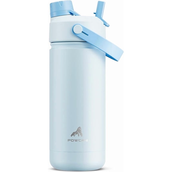 POWCAN 18 oz Kids Insulated Stainless Steel Water Bottle, 2-in-1 Straw & Spout Lid, Leak-Proof, Keep Cold 24H, BPA-Free Tumbler for School, Sports, Travel, Gift (Sea Breeze)