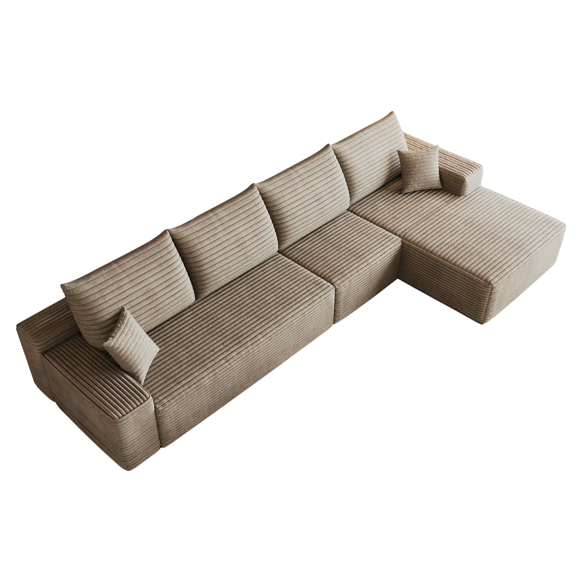 MAYEERTY 134 Inch Camel Corduroy Low Cloud L-Shape Sectional Sofa, 4-Seat Modular Deep Chaise Couch Zero Assembly