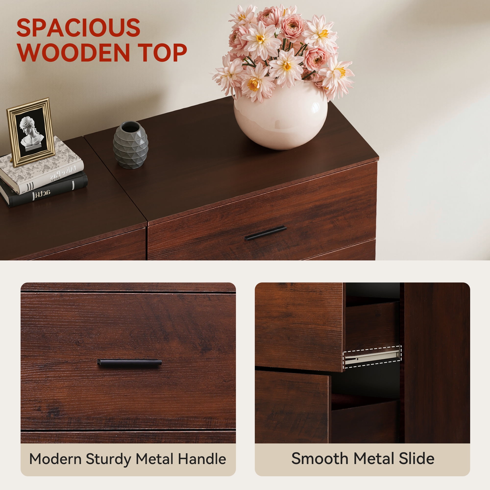 GALAXHERO 5 Drawers Dresser, Chest of Drawers for Bedroom, Tall Wood Storage Cabinet with Metal Handle for Living Room, Closet, Hallway, Brown