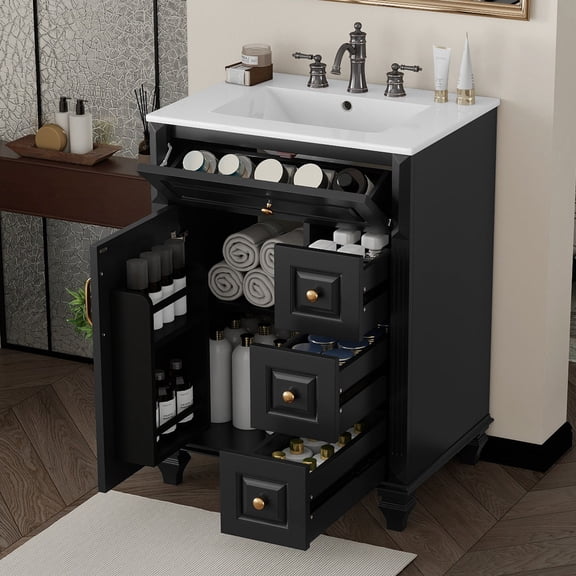 YIYADO 24 Inch Bathroom Vanity with Sink, White Freestanding Vanity Cabinet with Flip-Out Drawer, 3 Drawers & Storage Cabinet, Solid Wood & MDF, Ceramic Sink Top Black