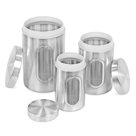 Tea Canister Set Internet’s Best Stainless Steel Storage Canisters | Set of 3 | Kitchen Food Coffee Tea Pasta Sugar Flour Container | Storage Jar with Window ()