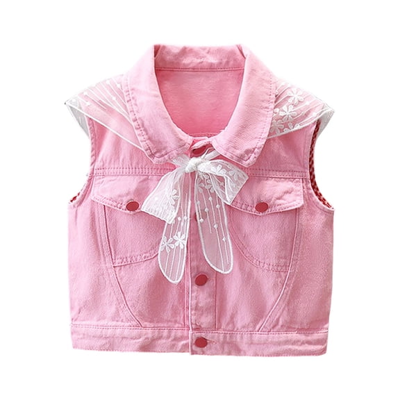 Girls Denim Vest Toddler Kids Girl Fashion Solid Color Cute Lace with Pockets Sleeveless Denim Jacket Jeans Coat