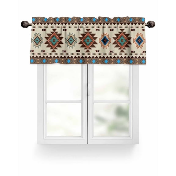 Brown Turquoise Southwest Texture Kitchen Valances for Windows Tribal Geometric Pattern Valance Curtains for Kitchen /Living Room/Bedroom/ Bathroom Decor, 54"x18 " ,Rod Pocket 1 Panel,