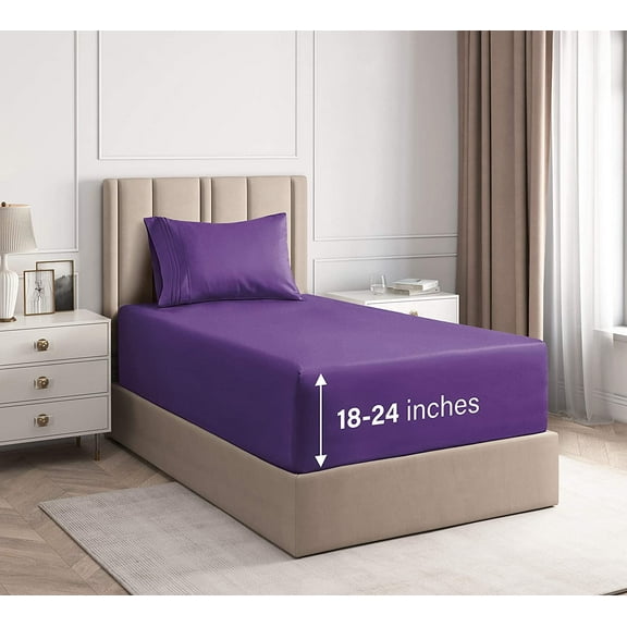CGK Linens 3-Piece Extra Deep Pocket Sheet Set - Twin Size Breathable & Cooling Bed Sheets Fits 18"-24" Mattresses, Purple