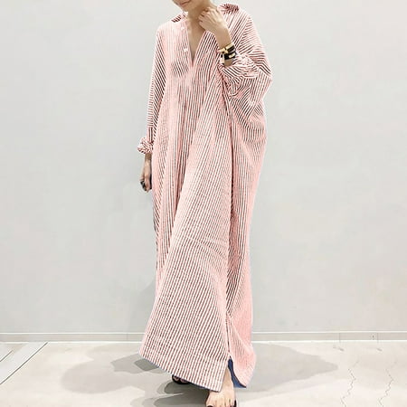 Ersazi Summer Dresses for Women on Clearance Women s Fashion Cotton Stripe Lapel Loose Irregular Cardigan Dress Pink M