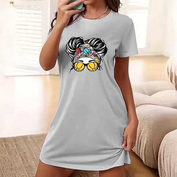 Camisón corto de talla grande para mujer, camisón de manga corta con estampado de pecho a la moda, camisón para mujer