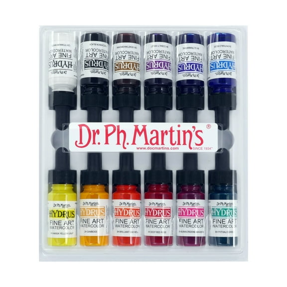 Dr. Ph. Martin's® Hydrus Fine Art Watercolor (Set 1) Watercolor Set, ½ US fl oz, Set 1 Colors, 1 Set of 12 Bottles